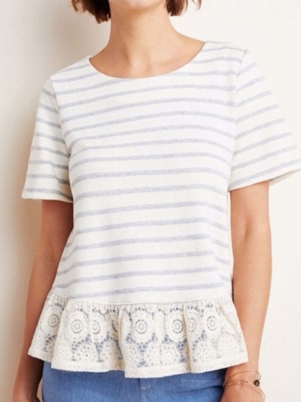 Anthropologie Eri + Ali Cream and Light Gray Striped Lace Peplum Tee